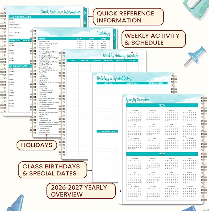 Teacher Planner 2026-2027 - Lesson Planner, Jul. 2026 - Jun. 2027, 8.5" x 11", Planner 2026-2027, Teacher Lesson Planner, Twin-wire Binding, Inner Pocket - Apple and Pencil