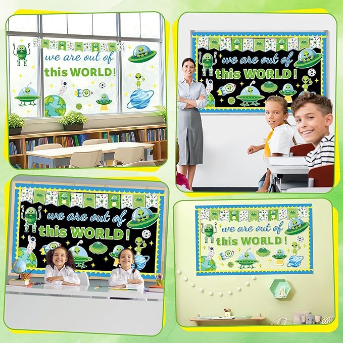 QOUBAI Outer Space Theme Bulletin Board Set Alien Classroom Bulletin Board Decorations Space Astronaut Planet Cutouts Classroom Decorations for Back to School Office Home Chalkboard Decor Wall Door