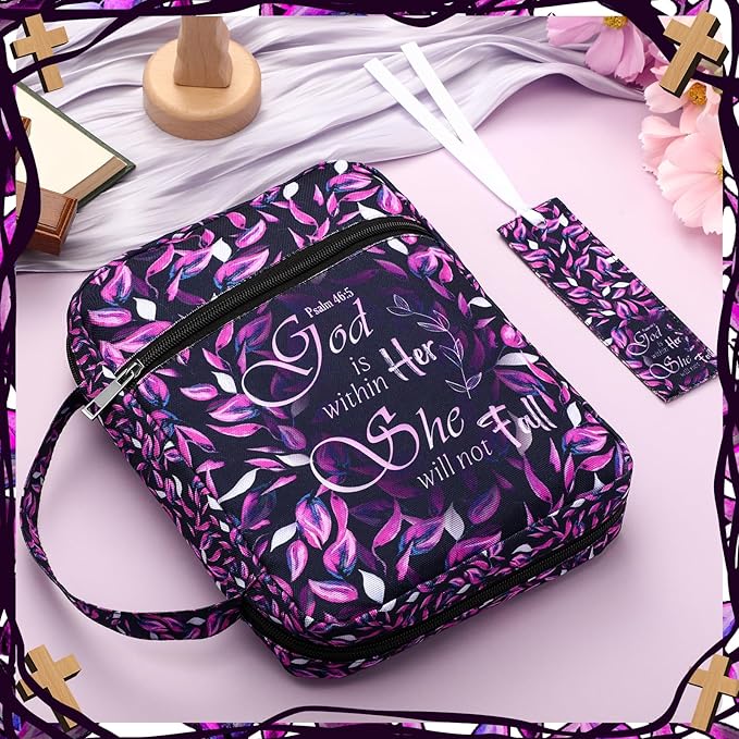 Laumoi Bible Cover Case for Women 10'' Leaves Carrying Book Case, God is Within Her She Will Not Fall, Bible Cover Bag for Study Christian Gift