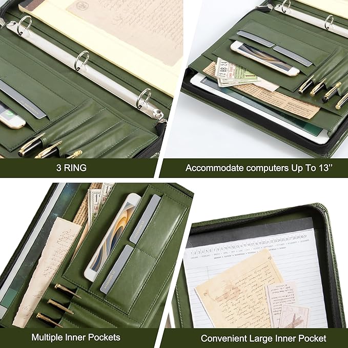 AZXCG Leather Binder Portfolio, Zippered 3 Ring Binder Padfolio, Vegan Leather Resume Portfolio, Business Document Organizer Folder for A4 Legal Pads, Gift for Women/Men, Green