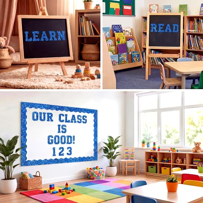 Blue 175 Pcs Graduation Photo Display Board Sticker Glitter Border Trim Alphabet Letter Number for 2026 Grad Party Trifold Poster Photo Display Science Fairs Event Displays Bulletin Board