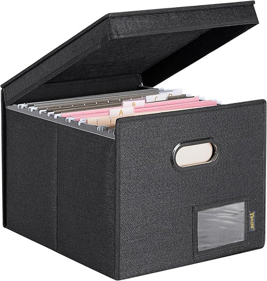 BALEINE File Organizer Box with Lid, Collapsible File Folder Organizer with Plastic Slide, Hanging File Folder Box for Office Document Storage (Tab Friendly, 1 Pack, Black)