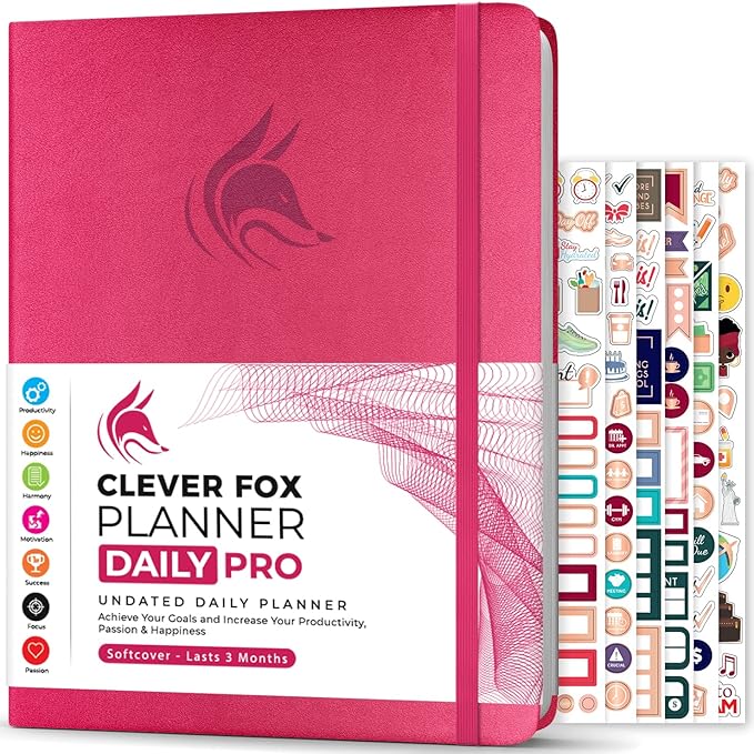 Clever Fox Planner Daily PRO - 8.5 x 11" A4 Size Daily Life Planner and Gratitude Journal to Increase Productivity, Time Management and Hit Your Goals - Undated - Lasts 3 Months (Dark Pink)