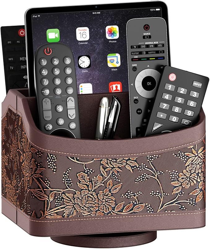 Thipoten Remote Control Holder for Table, Leather Turntable/Organizer/Caddy for Holding TV Controllers, Phone, and Office Supplies, Perfect Space Saver for End Table/Nightstand/Office Desk(Retro)