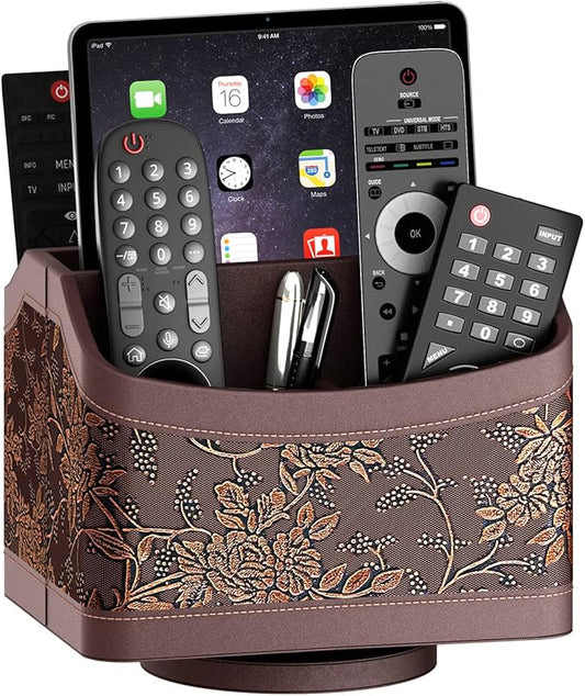 Remote Control Holder for Table, Leather Turntable/Organizer/Caddy for Holding TV Controllers, Phone, and Office Supplies, Perfect Space Saver for End Table/Nightstand/Office Desk(Retro)