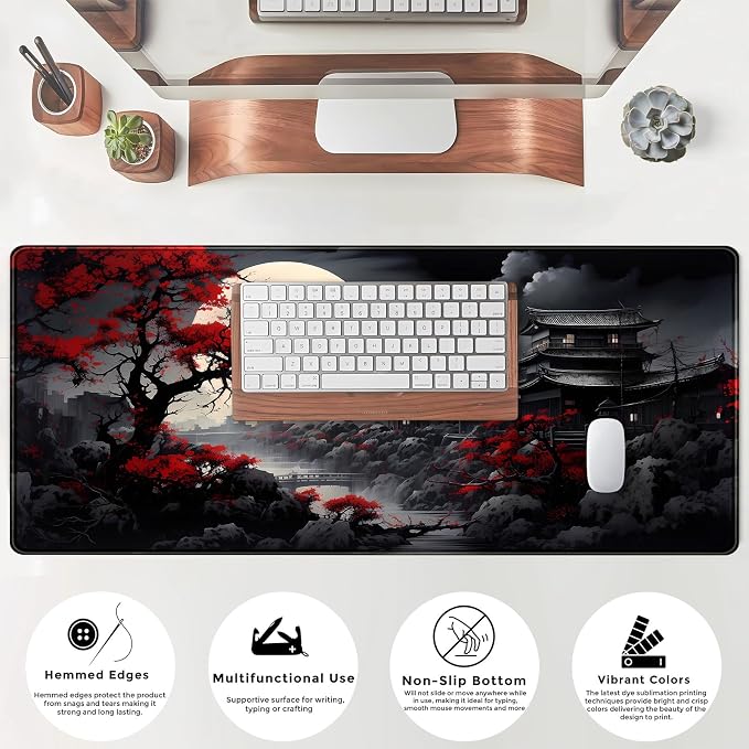 Riverside Full Moon Desk Mat Japanese Desk Pad Black Red Large Mouse Pad Gaming Mousepad Extended XXL Keyboard Pad 31.5 x 11.8 in Laptop Computer Mouse Keyboard Mat for Office Decor
