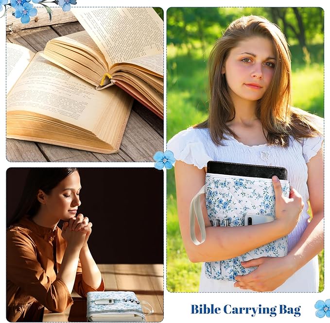 Gilprop Blue Floral Bible Book Sleeve with Zipper 11" x 9" Padded Protector Washable Quilted Book Covers Printed Bible Pouch with Handle Pockets Protector for Books Lover Mother's Day Christian Gifts