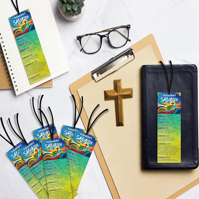 Fuyoooo 50 Pcs Romans Road to Salvation Bookmarks 6 x 2 Inches Roman's Road Bookmarks Gospel Tracts with 50 Pcs Hanging Strings Christian Inspirational Scripture Gift for Church Evangelism Men Women