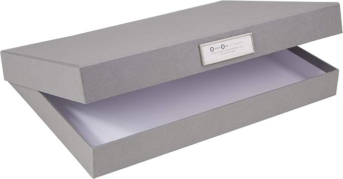 Bigso Sven Fiberboard Classic Hinged Document Box - File Organizer for Important Paperwork - Document Storage Box with Hinged Lid & Metal Label Window - 1.8 in x 13.2 in x 9.3 in - Grey