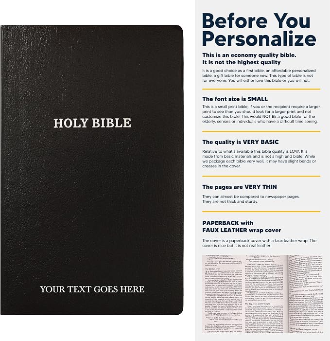 Personalized KJV Bible King James Version Faux Leather Small Print Economy Bible with Custom Name at The Lower Right Side & Red-Highlighted Verses, Custom Gift for Christian Celebrations | Black