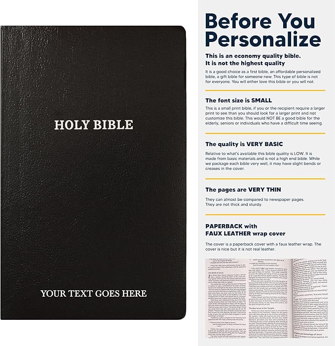 Personalized KJV Bible King James Version Faux Leather Small Print Economy Bible with Custom Name at The Lower Right Side & Red-Highlighted Verses, Custom Gift for Christian Celebrations | Black