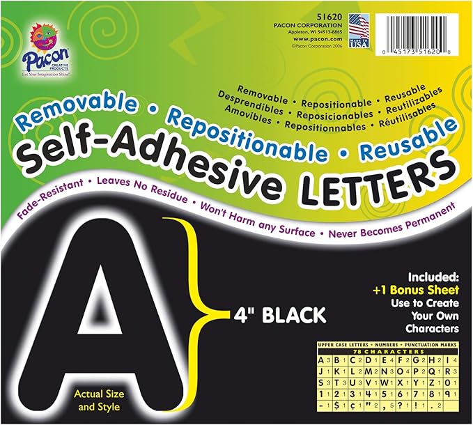 Pacon® PAC51620 Self-Adhesive Letters - Removable, Repositionable, Reusable, 4", Black, 78 Pieces