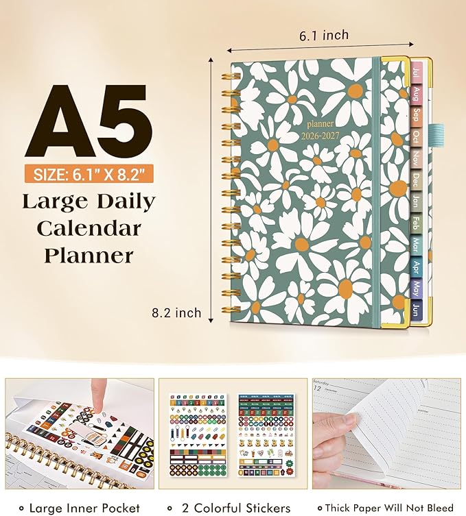 Academic Planner 2026-2027, Hardcover Weekly and Monthly Calendar Planner from July 2026 - June 2027, 6.1" x 8.2" A5 Daily Agenda with Tabs, College School Organizer for Student Teacher, Field of Daisies