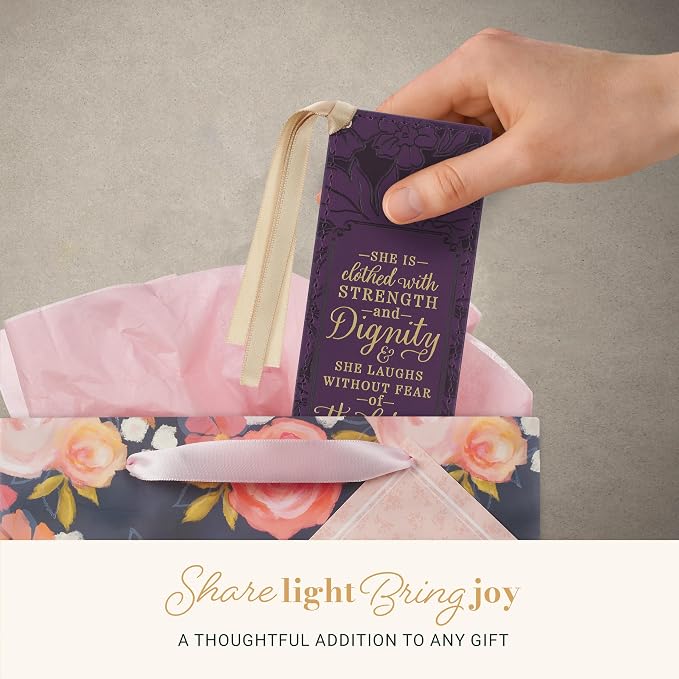 Christian Art Gifts Premium Vegan Leather Inspirational Scripture Bookmark for Women: Strength & Dignity Encouraging Bible Verse, Heat-Debossed Florals, Satin Ribbon for Books & Bibles, Purple & Gold