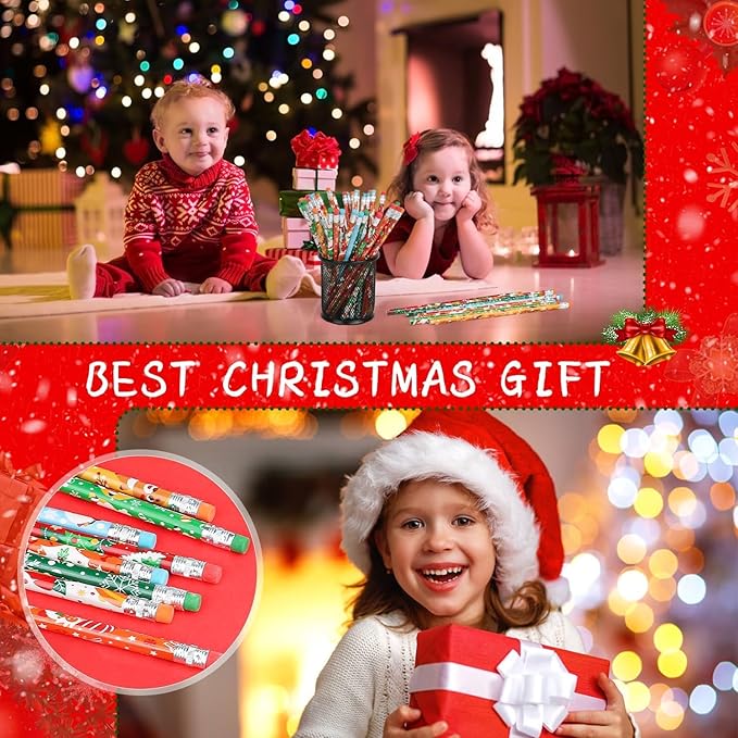 SULOLI 64 Pcs Christmas Pencils with Eraser, Xmas Themed Pencil with Santa Claus, Elk, Christmas Tree and Snowflake for Children Christmas Party Supplies(8 Styles)