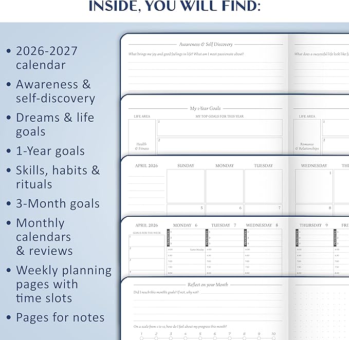 Legend Dated Hourly Weekly Planner 2026 – Daily, Monthly & Yearly Agenda with Time Slots – Hardcover Organizer Journal, 5.8x8.3” (Mystic Blue)