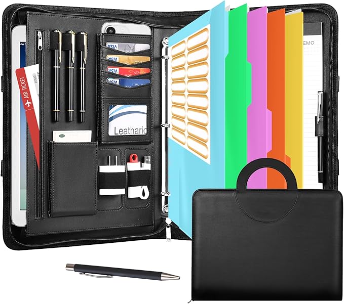 Leathario Portfolio Binder, Includes 5 Folder Index Dividers, 13 Inch Tablets Organizer with Handle, Vegan Leather A4 Padfolio, Multi-Pocket Notepad Business Planner Professional Document