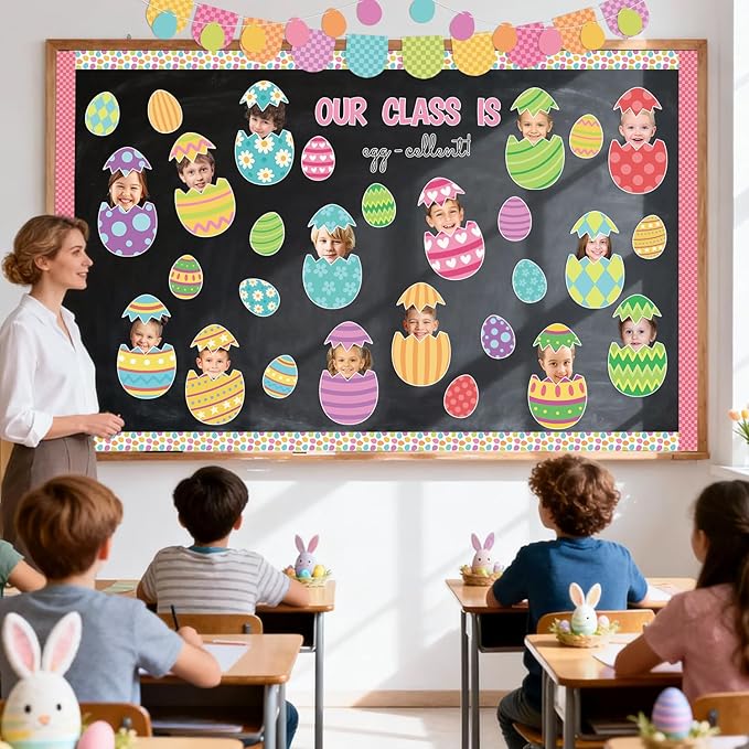 142Pcs Easter Egg Cutouts with Photo Space, Spring DIY Photo Craft Cutouts for Bulletin Board Classroom Decoration, Make Your Own Easter Egg Craft Kit for School Home Chalkboard Wall Door Decor