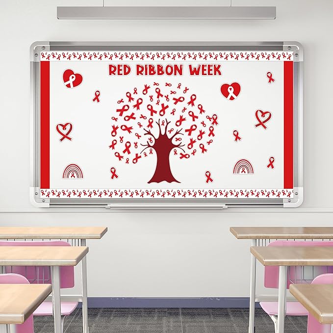 126Pcs Red Ribbon Drugs Awareness Bulletin Board Classroom Decoration Set, Red Ribbon Week Cutouts Say No to Drugs Poster School Classroom Charity Event Party Supplies Chalkboard Wall Decor