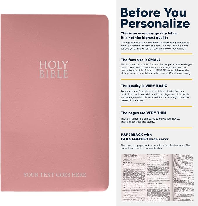 Personalized NIV Bible Faux Leather Small Print Economy Bible with Custom Name at The Lower Right Side & Red-Highlighted Verses, Custom Gift for Christian & Religious Events | Pink