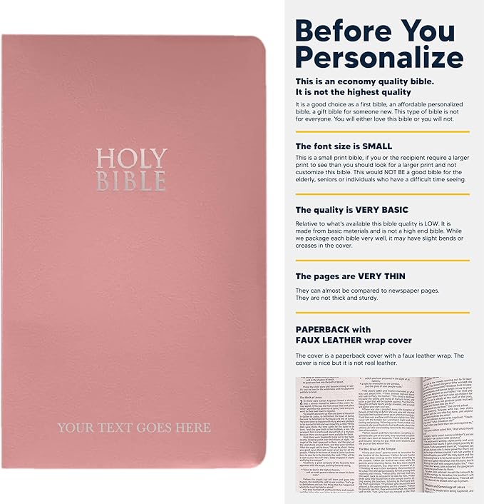 Personalized NIV Bible Faux Leather Small Print Economy Bible with Custom Name at The Lower Right Side & Red-Highlighted Verses, Custom Gift for Christian & Religious Events | Pink