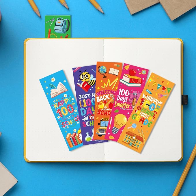 120 Pcs 100 Day of School Paper Bookmarks, 100 Items for 100 Days of School Bookmarks for Students, Playful Cartoon 100th Activities Supplies Gifts for Kids Classroom Prize Office Home Decor
