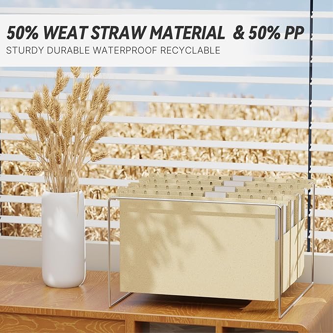 XINGIA Wheat Straw Legal Size Hanging File Folders, Extra Capacity 2'' Expandable Plastc File Folders with Tabs,12 Pack Heavy Duty Filing Cabinet Folders for Oversized Bulky Files(Morandi Yellow)