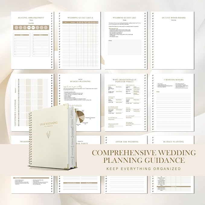 Wedding Planner Book and Organizer for Bride - Elegant Linen Cover Wedding Planning Binder with Checklists,Pockets & Calendars,Perfect Engagement Gifts for Couples(Cream)