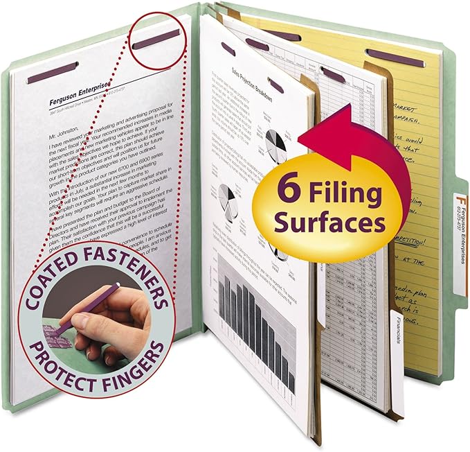 Smead Pressboard Classification File Folder with SafeSHIELD Fasteners, 2 Dividers, 2" Expansion, Letter Size, Gray/Green, 10 per Box (14076)