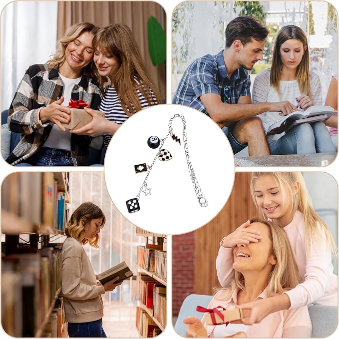 Personalized Metal Bookmark Gifts - Silver Y2K Aesthetic Bookmarks for Women Men Book Lovers Dice 8 Ball Charm Pandent Page Marks School Reading Accessories Bookish Birthday Graduation Gift