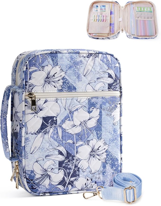 WANDF Bible Cover Case for Women, Quilted Bible Bag with Strap (M,Blue) | Large Capacity, Bible Study Supplies, Church Service, Journaling Accessories, Christian Gifts