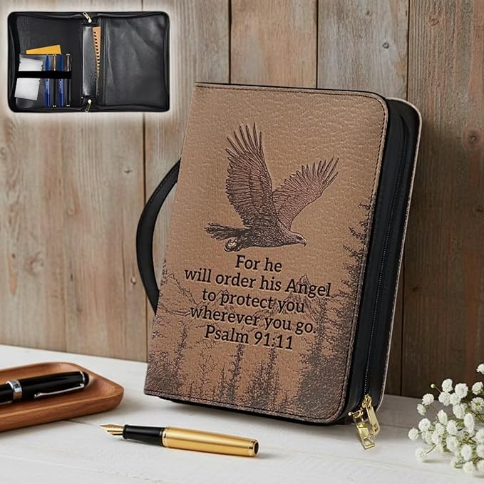 BrownPU Bible Covers for Men Small Bible Case Bible Bag with Leather Bookmark Set, Eagle and Scripture