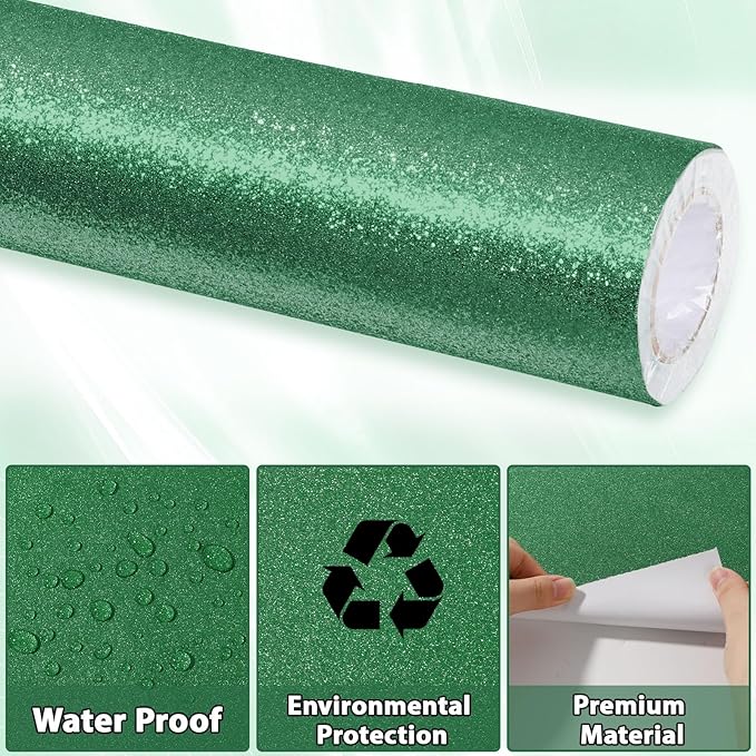 Glitter Bulletin Board Paper Roll Sparkle Wrapping Paper Bulletin Board Decor Glitter Poster Gift Wrapping DIY Art Crafts Wallpaper Background for Home Office Classroom Decoration 17" x 20ft, Green