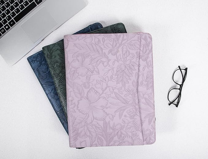 AZXCG Leather Portfolio for Women, Embossed PU Leather Padfolio with Zipper, Professional Business Document Organizer with A4 Notepad Holder, Professional Organizer for Resume/Interview(Purple)