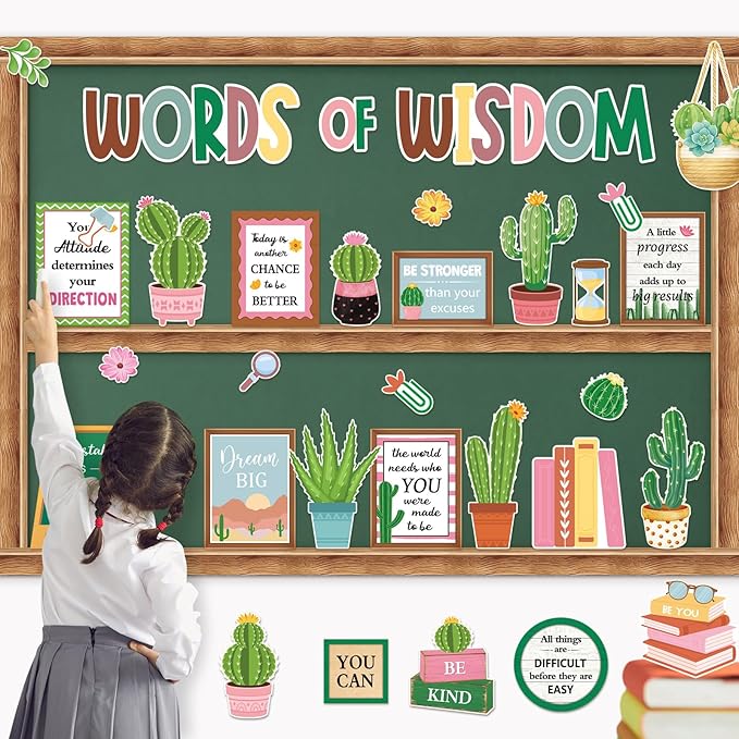 Mooliwe 57 Pcs Cactus Bulletin Board Set Inspirational Summer Bulletin Board Decoration Positive Cutout Classroom Decoration for School Office Home Teacher Classroom Wall Supplies