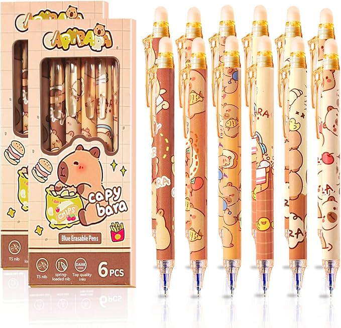 12 PCS Cute Erasable Pens,Capybara Erasable Gel Ink Pens,0.5mm Blue Ink - Retractable, Cute Capybara School Supplise,Kawaii Capybara Stationery Set,Perfect for Office, School, Women,Man