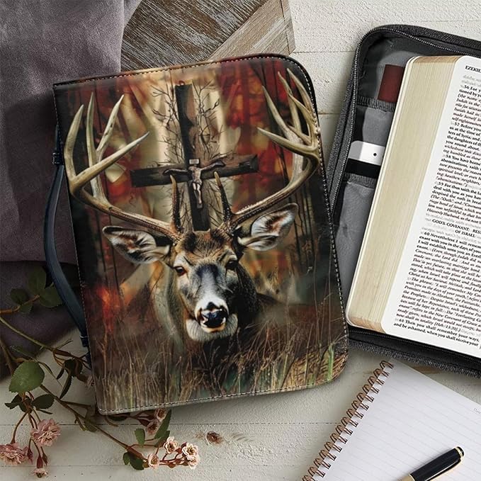 Leather Bible Cover for Men, Brown Bible Carrying Book Case Church Bag with Bookmark Bible Protective with Handle,Christian Gifts,Gothic Deer Cross,Large