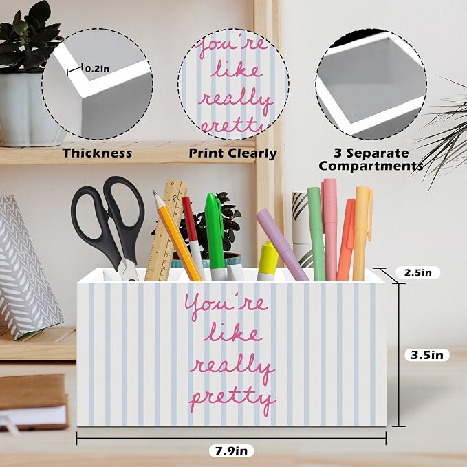 Inspirational Pen Holder, Positive Affirmations Office Pen Pencil Holder Organizer for Desk Accessories, Preppy Striped Wooden Box Desk Decor for Girls Room Bedroom Dorm Desk Decorations