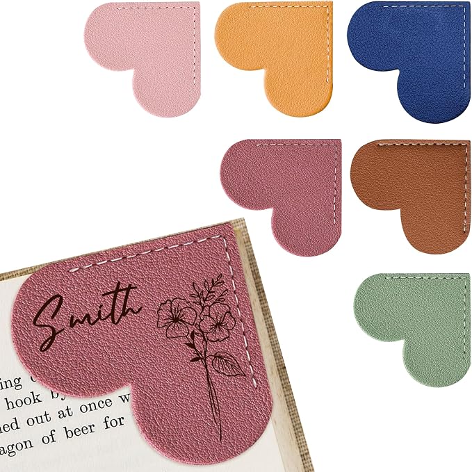 EDSG 5PCS Personalized Leather Heart Bookmark, Corner Bookmark Book Marks with Birth Flower & Name, Bookmarks for Women Men, Reading, Teachers, Birthday, Graduation, Christmas (Style-3, 5PCS)