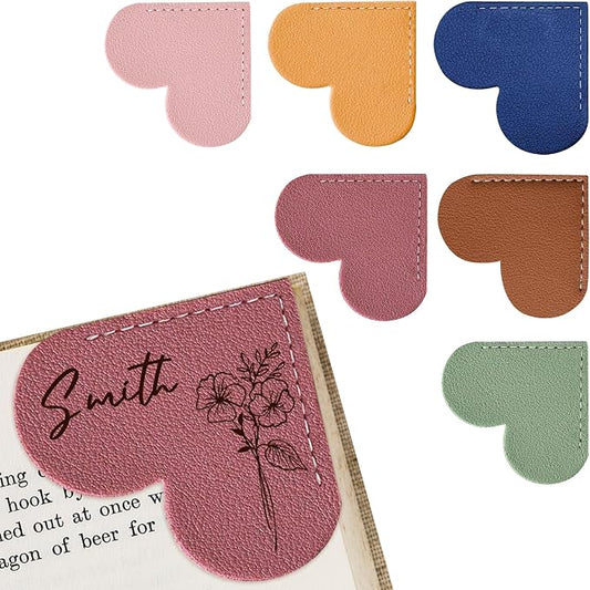 EDSG 5PCS Personalized Leather Heart Bookmark, Corner Bookmark Book Marks with Birth Flower & Name, Bookmarks for Women Men, Reading, Teachers, Birthday, Graduation, Christmas (Style-3, 5PCS)