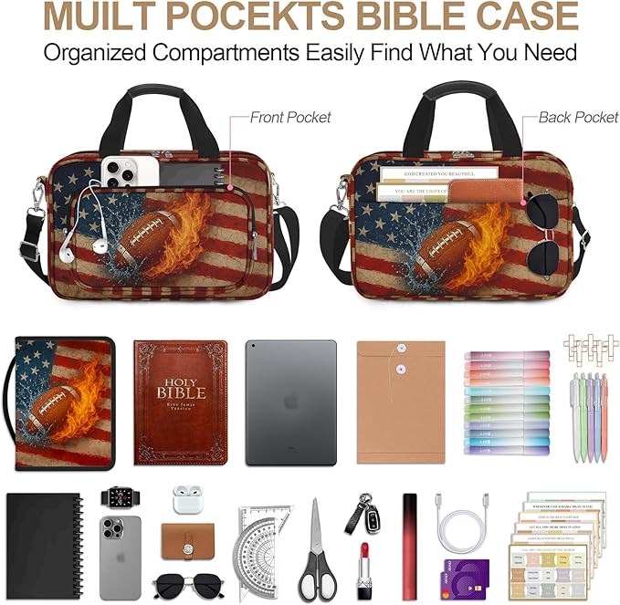 American Flag Football Bible Cover Case for Men Boys, Rugby Large Kids Bible Bag Book Carrying Case with Handle Zipper Pocket, Bible Study Supplies Journaling Kit Highlighters Pens Cross Clips