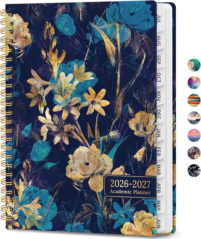 Academic Planner 2026-2027, Weekly and Monthly Calendar Book, July 2026 – June 2027, Hardcover Planner with Tabs, Perfect for Teachers, Students, Women & Men, A5 (6.4" x 8.5") - Turquoise Flowers