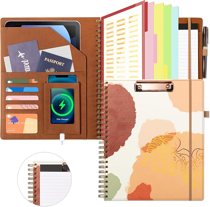 Ospelelf Clipboard with Storage for Men Women, Leather Padfolio Portfolio Organizer 5 Folders with 10 Pockets, Spiral Clipboard Folio with Notepad for Letter Size, Elastic Closure and Pen Loop Brown