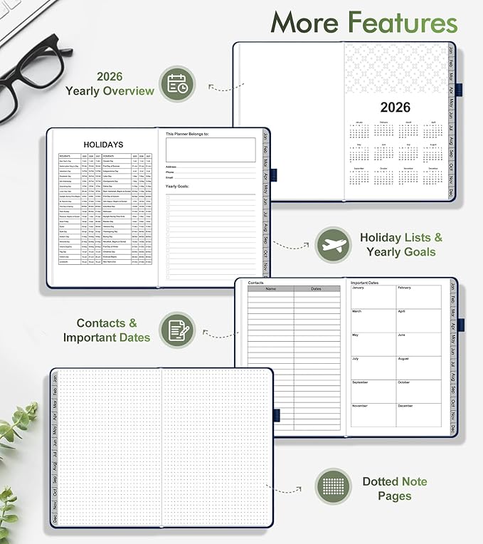 2026 Weekly & Monthly Planner, 12 Months Hardcover Planner from January 2026 - December 2026, Leather Agenda Organizer Book 2026 with Tabs, Daily Calendar Planners for Work School Home, A5 (5.75" x 8.38"), Navy