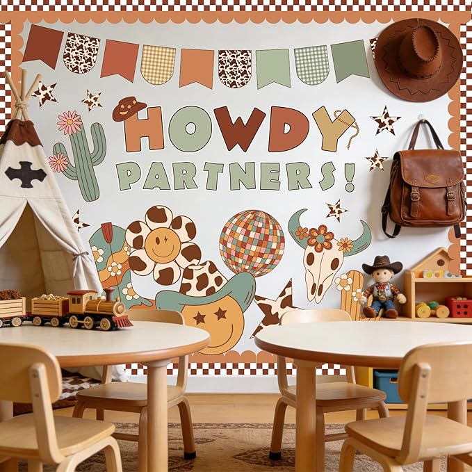 AnyDesign 76 Pcs Western Cowboy Bulletin Board Decoration Brown Wild West Howdy Partners Paper Cutouts with 150 Pcs Glue Points for Holiday Party Classroom Wall Decor