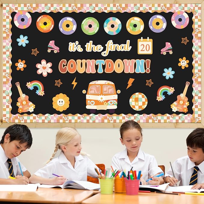 gisgfim Countdown to Summer Classroom Bulletin Board Decorations Set Groovy Hippie End of The Year Cutouts May It's The Final Retro Bulletin Board for Classroom Home Wall Decor Supplies