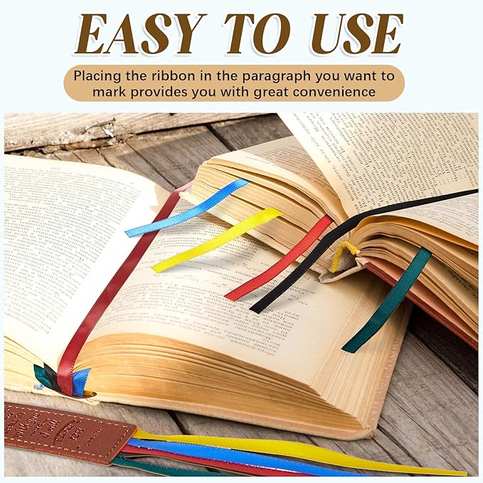 Outus 3 Pieces Bible Ribbon Bookmark Markers Artificial Leather Bookmark with Ribbons for Books Office(Encourage,Yellow,Blue,Red,Green)