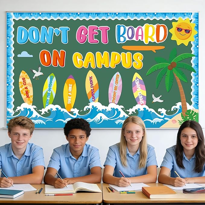 Summer Bulletin Board Set Summertime Classroom Decoration Don’t Get Board on Campus Bulletin Boards Hawaiian Theme Tropical Surfboard Beach Paper Cutouts for Summer School Home Chalkboard Wall Decor