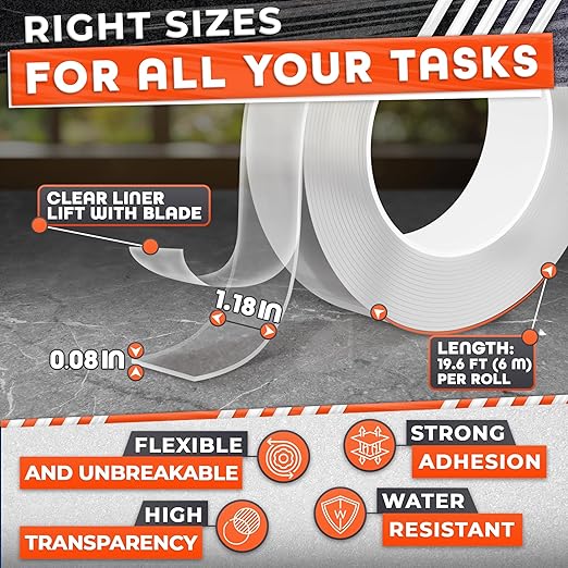 1.18" X 235" Heavy Duty Clear Double Sided Tape – Strong Double Sided Adhesive Tape – Wall Decoration, DIY, Office and Home Projects, No Tools Needed | Works on Tile, Glass, Wood, Metal, and Plastic