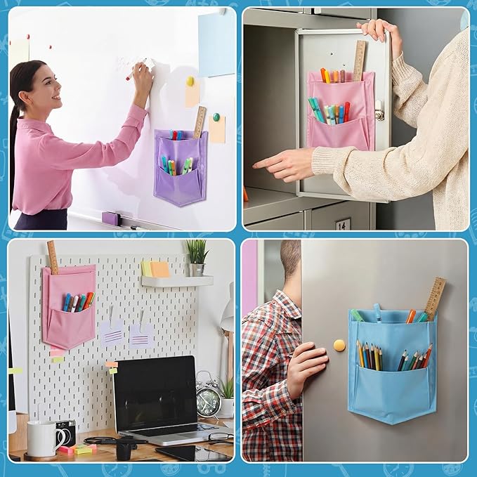 3 Pcs Macaron Color Magnetic Whiteboard Storage Pocket 8"L x 10.6" H Nylon Classroom Organizer with Magnetic Office Supplie Stationery Storage Organizer for Whiteboard Glassboard